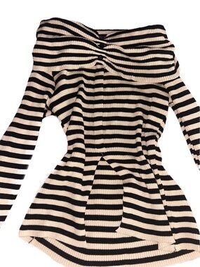 Striped Off-Shoulder Knit Top in Black and Cream